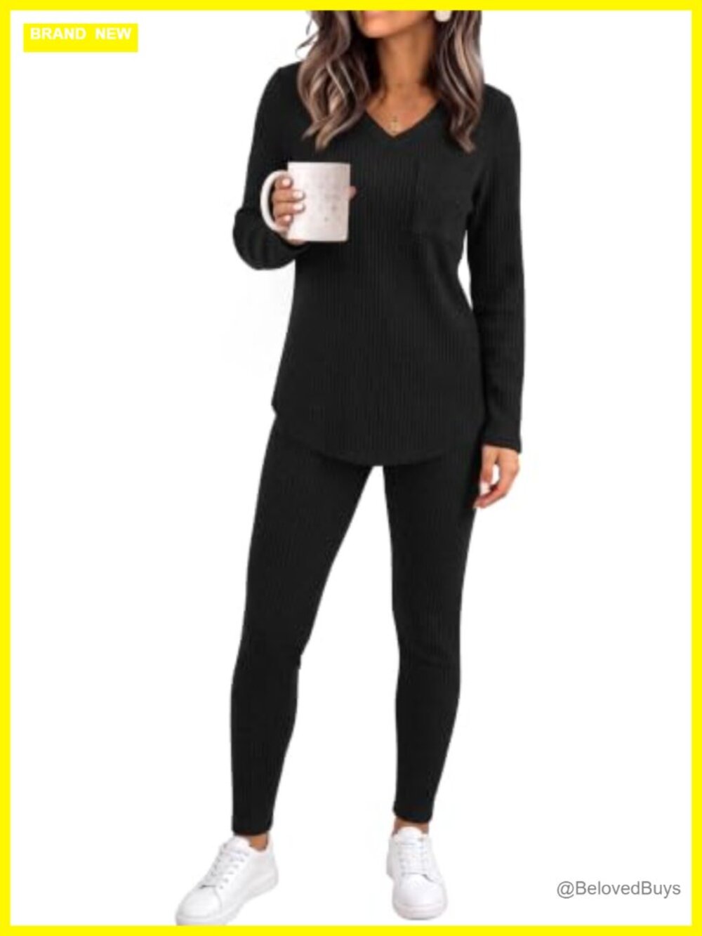 Lounge Set 2 Piece Long Sleeve V-Neck Top Fitted Pants Casual Pajama